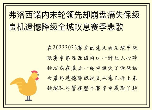 弗洛西诺内末轮领先却崩盘痛失保级良机遗憾降级全城叹息赛季悲歌
