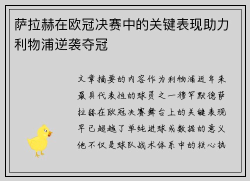 萨拉赫在欧冠决赛中的关键表现助力利物浦逆袭夺冠
